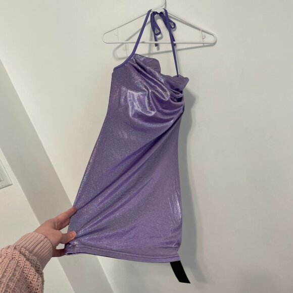 NEW NWT SHEIN SXY Backless Ruched Halter Bodycon Dress Purple Silver Iridescent - Picture 12 of 16
